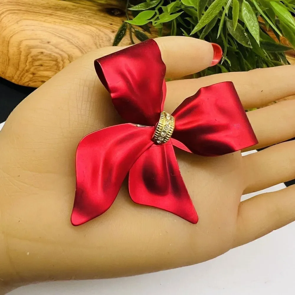Vintage RED Metalic Satin Bow Ribbon Brooch Pin Crystal Accent Large Matte 1426